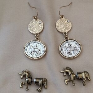 Silver-Tone Coin Drop Earrings with Man On A Horse & Unicorn Studs - Silver Tone